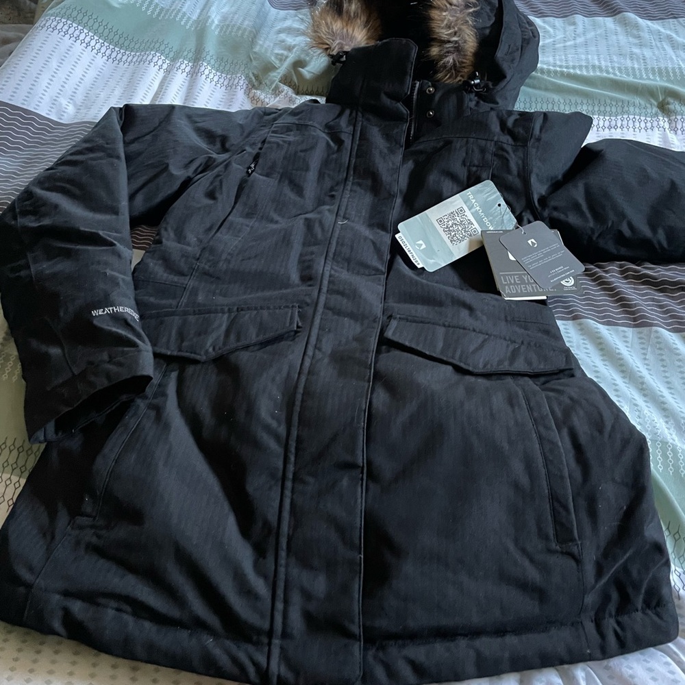 Womens Eddie Bauer black hooded down parka
measurements included